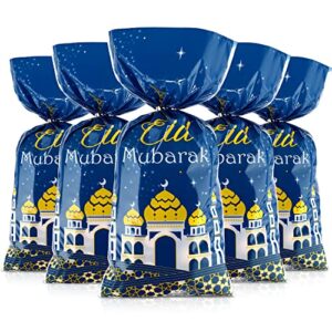 100 pieces eid mubarak party treat bags, ramadan theme printed pattern gift bags cellophane clear plastic goodie favor bags with silver twist ties for eid mubarak party