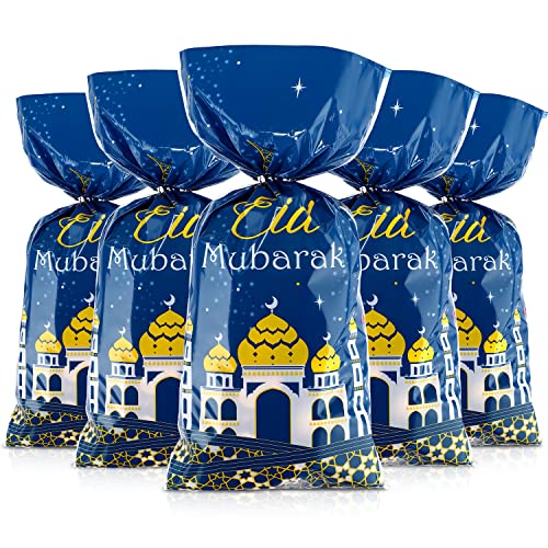 100 Pieces Eid Mubarak Party Treat Bags, Ramadan Theme Printed Pattern Gift Bags Cellophane Clear Plastic Goodie Favor Bags with Silver Twist Ties for Eid Mubarak Party