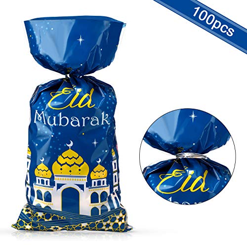 100 Pieces Eid Mubarak Party Treat Bags, Ramadan Theme Printed Pattern Gift Bags Cellophane Clear Plastic Goodie Favor Bags with Silver Twist Ties for Eid Mubarak Party