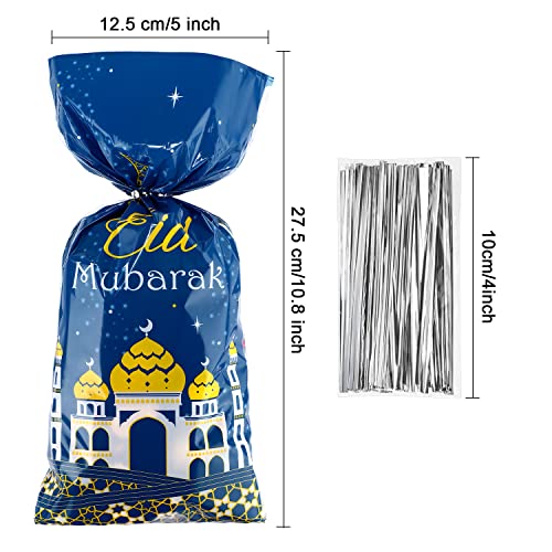 100 Pieces Eid Mubarak Party Treat Bags, Ramadan Theme Printed Pattern Gift Bags Cellophane Clear Plastic Goodie Favor Bags with Silver Twist Ties for Eid Mubarak Party