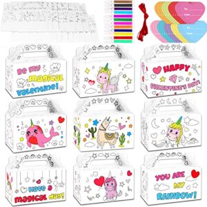 zoiiwa 36 sets valentine’s day treat boxes diy color your own unircon goodie boxes valentine’s party favor boxes valentines container candy box with heart tags for kids school classroom supplies