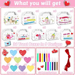 ZOIIWA 36 Sets Valentine's Day Treat Boxes DIY Color Your Own Unircon Goodie Boxes Valentine’s Party Favor Boxes Valentines Container Candy Box with Heart Tags for Kids School Classroom Supplies
