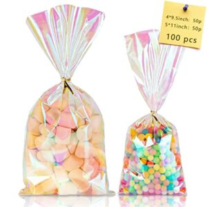 labeol 100pcs iridescent cellophane bags goodie bags candy bags 5×11 4×9.5 treat bags with ties clear gift bags holographic party favor bags for birthday wedding baby shower valentines day