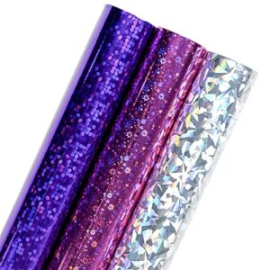 lezakaa holographic foil wrapping paper – mini roll – pink dot/purple star/silver cracked ice print for birthday, wedding shower, holiday – 17 x 120 inches – 3 rolls (42.5 sq.ft.ttl.)
