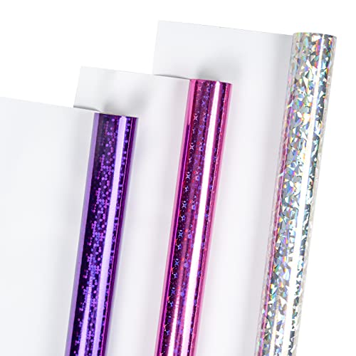 LeZakaa Holographic Foil Wrapping Paper - Mini Roll - Pink Dot/Purple Star/Silver Cracked Ice Print for Birthday, Wedding Shower, Holiday - 17 x 120 inches - 3 Rolls (42.5 sq.ft.ttl.)