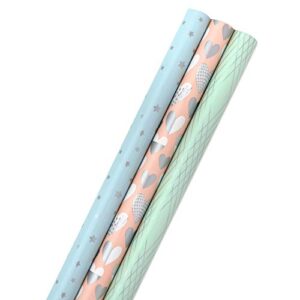 hallmark all occasion wrapping paper bundle with cut lines on reverse – blush, aqua, mint, silver (3-pack: 105 sq. ft. ttl.) for birthdays, mothers day, weddings, easter, bridal showers, baby showers