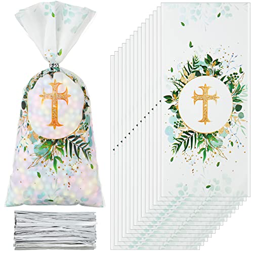 Hotop 100 Pcs Baptism Cellophane Bags Gift Treat Bag Goodie Candy with 150 Ties First Communion Party Decorations Supplies Christening Confirmation Baby Shower Serves for Boy and Girl, Gold