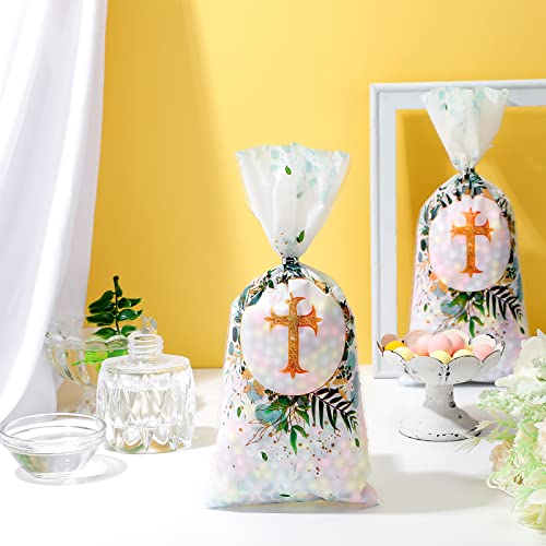 Hotop 100 Pcs Baptism Cellophane Bags Gift Treat Bag Goodie Candy with 150 Ties First Communion Party Decorations Supplies Christening Confirmation Baby Shower Serves for Boy and Girl, Gold