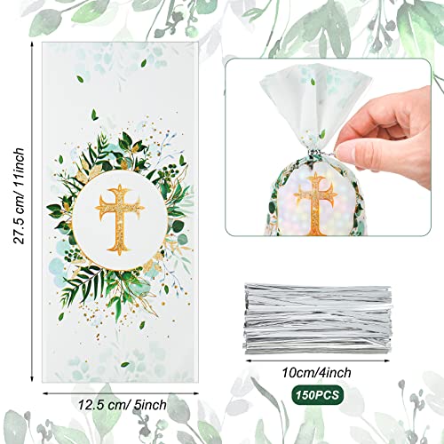 Hotop 100 Pcs Baptism Cellophane Bags Gift Treat Bag Goodie Candy with 150 Ties First Communion Party Decorations Supplies Christening Confirmation Baby Shower Serves for Boy and Girl, Gold