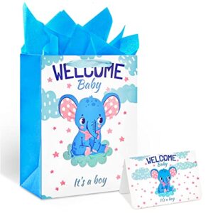 13″ large baby shower birthday gift bags for boy with tissue papers and card(elephant)