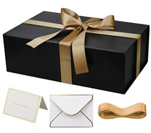 yinuoyoujia large gift box with lid, 14″x9″x4.5″ black magnetic gift box with ribbon, cards and envelopes for presents, great for wedding, birthdays, crafting, gift packging