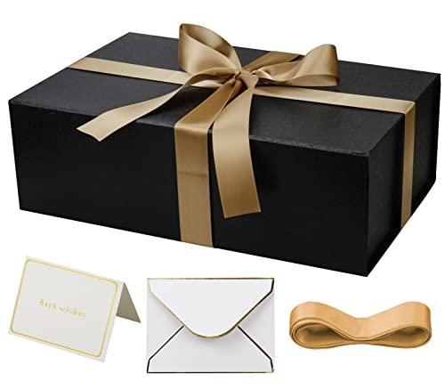 YINUOYOUJIA Large Gift Box with Lid, 14"x9"x4.5" Black Magnetic Gift Box with Ribbon, Cards and Envelopes for Presents, Great for Wedding, Birthdays, Crafting, Gift Packging