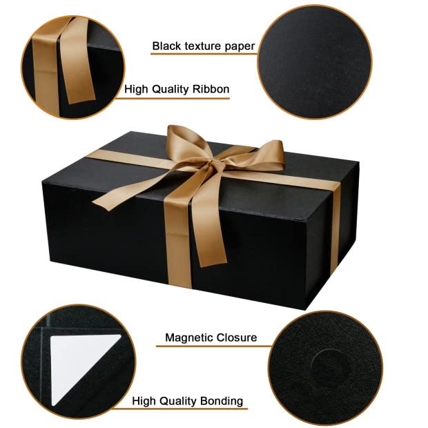 YINUOYOUJIA Large Gift Box with Lid, 14"x9"x4.5" Black Magnetic Gift Box with Ribbon, Cards and Envelopes for Presents, Great for Wedding, Birthdays, Crafting, Gift Packging