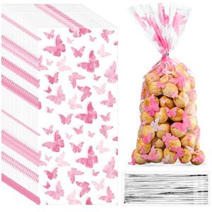 100 pieces butterflies cellophane goody bags plastic butterfly candy bag butterfly treat bags with 100 pieces silver twist ties for butterfly theme baby shower birthday party dessert decors (pink)