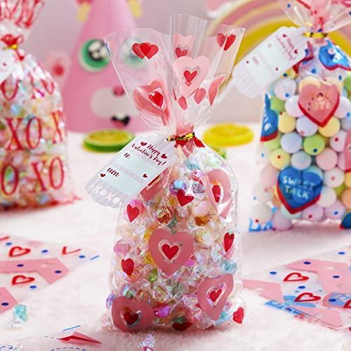 JOYIN 150 Pcs Valentine Gift Bags Long Cellophane Bags with Gift Cards and Twist Ties Valentine Goodies Bags for Valentines Day Party Favors Supplies