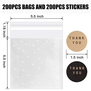 YunKo 200PACK Self Adhesive Cookie Bags Cellophane Treat Bags with Labels for Candy Cookie Chocolate Small Valentine Gift Bags (White Polka Dot,5.5x5.5inch)