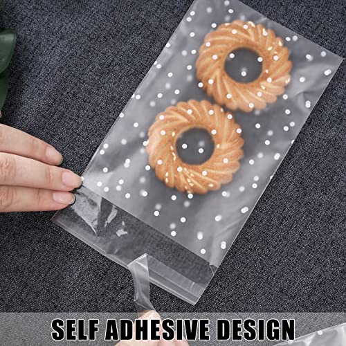 YunKo 200PACK Self Adhesive Cookie Bags Cellophane Treat Bags with Labels for Candy Cookie Chocolate Small Valentine Gift Bags (White Polka Dot,5.5x5.5inch)