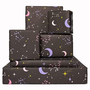 central 23 space wrapping paper – 6 sheets of gift wrap – black and purple wrap – constellations and galaxy paper – stars and moon – magic – birthday wraps for girls boys women men – recyclable