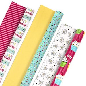 hallmark reversible wrapping paper bundle (3 rolls – 75 sq. ft. ttl: “happy birthday,” cupcakes, stripes, flowers, polka dots) in yellow, pink, teal blue, black and white for baby, bridal, birthdays