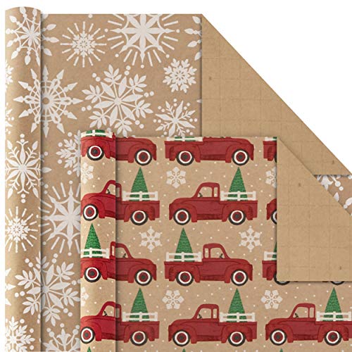 Hallmark Kraft Christmas Wrapping Paper with Cutlines on Reverse (4 Rolls: 88 sq. ft. ttl) Red Trucks, Snowflakes, Red Stripes, Merry Christmas