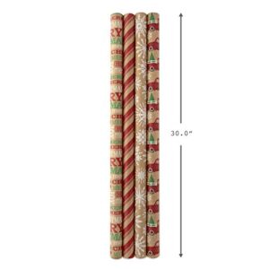 Hallmark Kraft Christmas Wrapping Paper with Cutlines on Reverse (4 Rolls: 88 sq. ft. ttl) Red Trucks, Snowflakes, Red Stripes, Merry Christmas