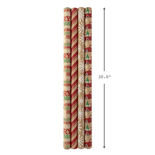 Hallmark Kraft Christmas Wrapping Paper with Cutlines on Reverse (4 Rolls: 88 sq. ft. ttl) Red Trucks, Snowflakes, Red Stripes, Merry Christmas