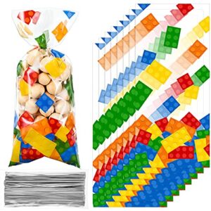100 pcs building block cellophane treat bags, color bricks theme building block candy goodie bags plastic party favor bags with 100 silver twist ties for birthday party supplies (clear background)
