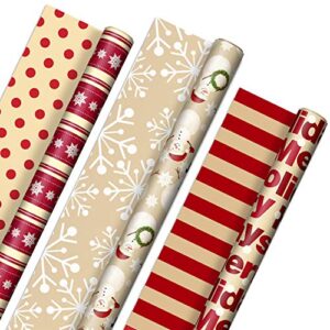 hallmark reversible christmas wrapping paper (3 rolls: 120 sq. ft. ttl) “merry holidays,” snowflakes, snowmen, red stripes