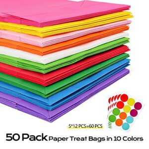 CHEPULA 50 Pack Paper Party Favor Bags,Kids Goodie Bags with 60 PCS Stickers Small Gift Bag for Birthday Party Baby Shower Favor Supplies（Size: 9.4" * 5.1" * 3.15" )