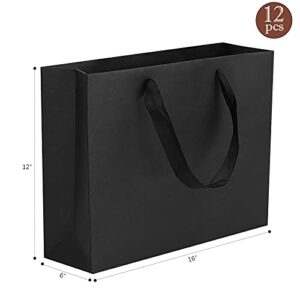 QIELSER 12 pcs Kraft Gift Bags Bulk Large Size 16"x6"x12", Black Kraft Paper Shopping Bags with Ribbon Handles, Party Favor Bags, Shopping Bags, Retail Bags, Wedding Bags, Merchandise Business Bags