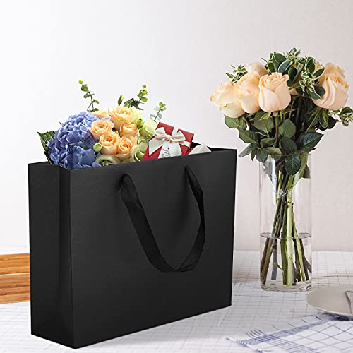 QIELSER 12 pcs Kraft Gift Bags Bulk Large Size 16"x6"x12", Black Kraft Paper Shopping Bags with Ribbon Handles, Party Favor Bags, Shopping Bags, Retail Bags, Wedding Bags, Merchandise Business Bags