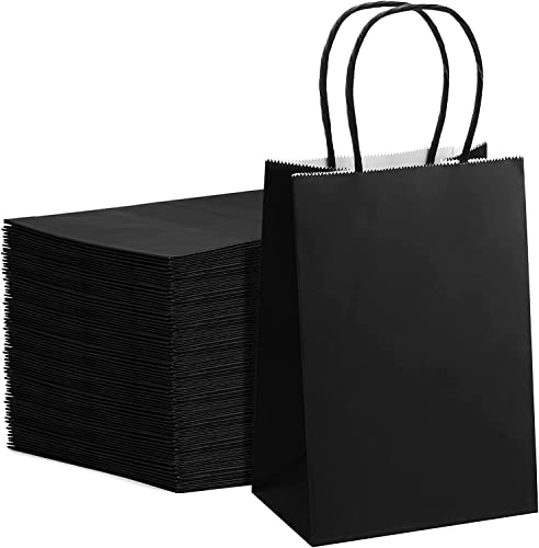 GSSUSA 100Pcs Black Paper Bags, 5.25x3.75x8 Small Gift Bags, Paper Bags with Handles Bulk, Bags for Small Business, Sturdy Kraft Paper Bags, Retail Shopping Bags, Party Favor Bags, Birthday Gift Bags