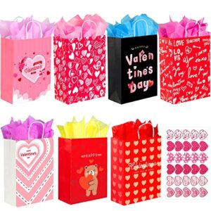 gitmiws valentines day paper gift bags – 28pcs valentines bags with sticks,sturdy wrapping kraft bags with handle for valentines party supply, valentines gifts packing