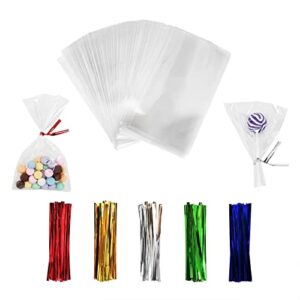 100PCS Cellophane Bags 3x5 inches, Clear Treat Bags with 4’’ Twist Ties, Plastic Cello Bags - 1.4 mils Thick OPP Rice Crispy Bags for Gift Goodie Favor Candy Cake Pop Birthday Party Cookies (3’’ x 5’’)