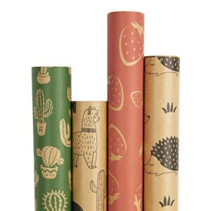 ruspepa kraft wrapping paper roll – cactus/strawberry/alpaca/hedgehog printed great for congrats, holiday and special occasion – 4 roll – 30inch x 10feet per roll