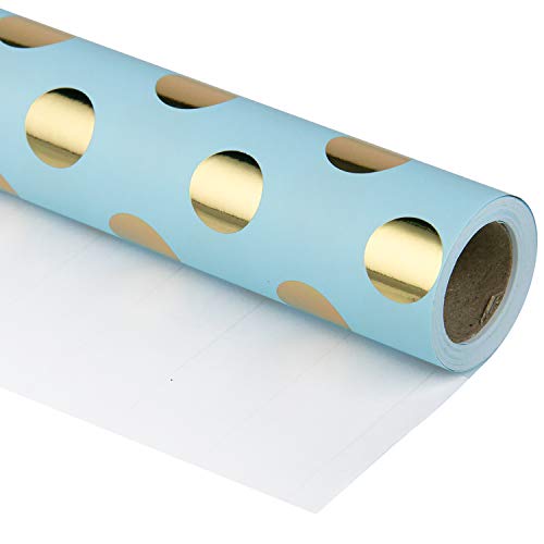 RUSPEPA Wrapping Paper Roll - Gold Foil Dots Baby Blue Background Design for Wedding, Birthday, Shower, Congrats, and Holiday - 30 inches x 32.8 feet