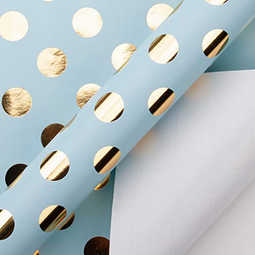 RUSPEPA Wrapping Paper Roll - Gold Foil Dots Baby Blue Background Design for Wedding, Birthday, Shower, Congrats, and Holiday - 30 inches x 32.8 feet
