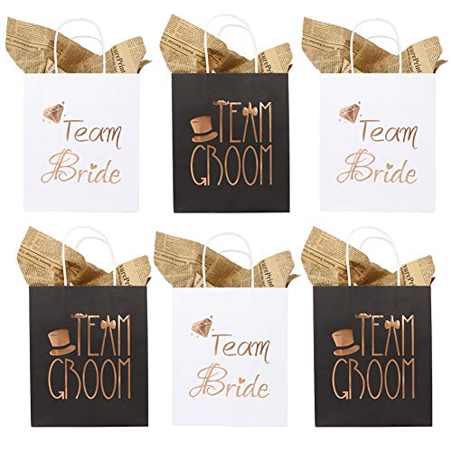 AerWo 12Pcs Wedding Party Paper Gift Bags 6 Bridesmaid 6 Groomsmen Gift Bags Bridal Shower Bachelorette Party Favor Bags Rose Gold Foiled with Handle