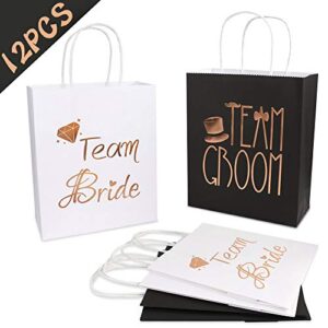 AerWo 12Pcs Wedding Party Paper Gift Bags 6 Bridesmaid 6 Groomsmen Gift Bags Bridal Shower Bachelorette Party Favor Bags Rose Gold Foiled with Handle