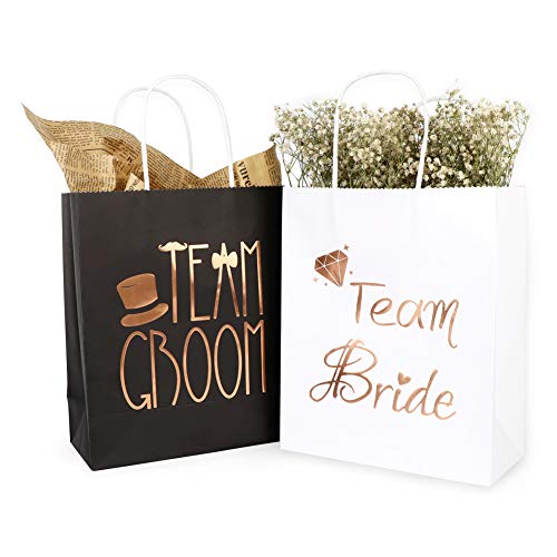 AerWo 12Pcs Wedding Party Paper Gift Bags 6 Bridesmaid 6 Groomsmen Gift Bags Bridal Shower Bachelorette Party Favor Bags Rose Gold Foiled with Handle