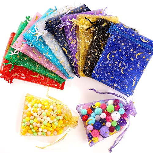 ENNIYU 100 Pieces Moon Star Organza Bags, 4x6“ Mixed Color Christmas Wedding Favors Gift Drawstring Bags Jewelry Pouches Candy Mesh Pouches