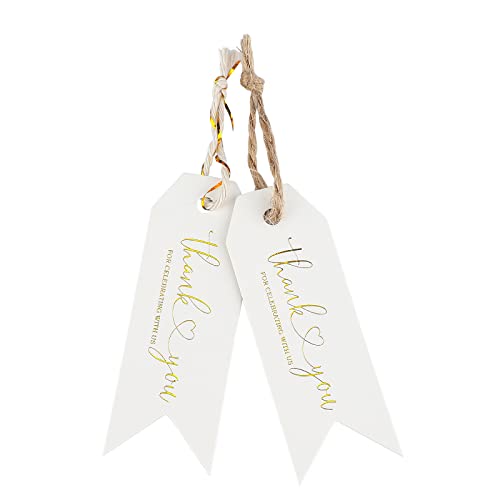 100Pcs Thank You for Celebrating with US Tags,White High-end Paper Hang Tags with String,Gold Font Favors Labels,Personalized Gift Tags for Baby Shower,Bridal Shower,Party and Gift Wrapping(2.75"x1")