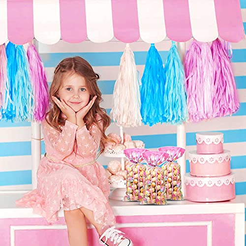 Geyee 100 Pieces Ice Cream Treat Bags, Watercolor Ice Cream Theme Cello Plastic Candy Goodie Bag with 100 Silver Twist Ties for Kid Summer Sweet Baby Shower Birthday Party Favor Bag, Clear