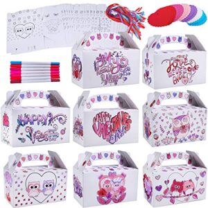 48 sets valentine’s day treat boxes diy color your own paintable owl prints goodie boxes party favor boxes valentines container candy box with heart tags bulk for kids school classroom supplies