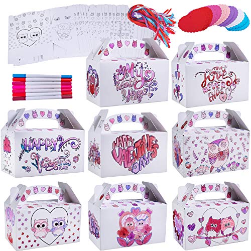 48 Sets Valentine's Day Treat Boxes DIY Color Your Own Paintable Owl Prints Goodie Boxes Party Favor Boxes Valentines Container Candy Box with Heart Tags Bulk for Kids School Classroom Supplies