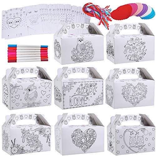 48 Sets Valentine's Day Treat Boxes DIY Color Your Own Paintable Owl Prints Goodie Boxes Party Favor Boxes Valentines Container Candy Box with Heart Tags Bulk for Kids School Classroom Supplies