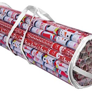 ProPik Christmas Gift Wrap Organizer Clear, Fits 24 Rolls of 40 Inch Long, Heavy Duty PVC Wrapping Paper Storage Bag with Handles and Zippered Top, Underbed Tote Clear Tube Container (White trimming)