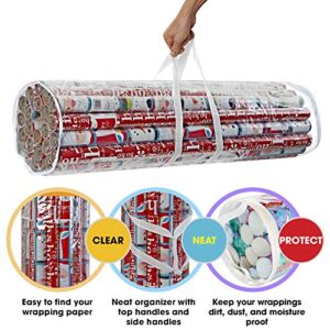 ProPik Christmas Gift Wrap Organizer Clear, Fits 24 Rolls of 40 Inch Long, Heavy Duty PVC Wrapping Paper Storage Bag with Handles and Zippered Top, Underbed Tote Clear Tube Container (White trimming)