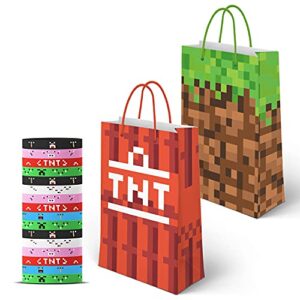 gatherfun 16 pack pixel miner kraft paper gift bags with handle, 16 pack miner crafting style silicone bracelets for mining themed party video game party birthday party decorations for kids and adults