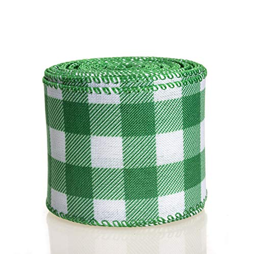 ATRBB Green and White Buffalo Plaid Ribbon Wired Edge Gingham Ribbon for St Patrick's Day Decoration and Bows Craft,10 Yards by 2.5 Inches